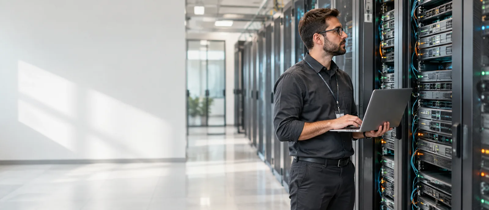 Web hosting engineer managing secure data center servers